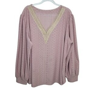 Womens Plus Size 4X Dusty Rose Eyelet Knit V-Neck Lace Trim Puff Sleeve Boho Top